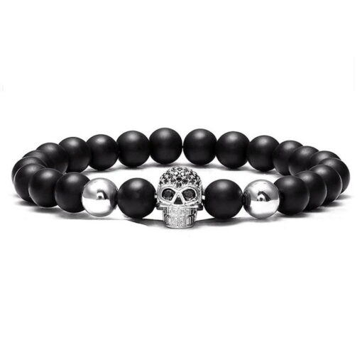 Skull Beads Bracelet with Black Onyx beads and black stones