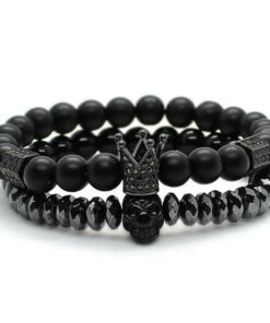 Black Skull bracelet made of hematite and onyx (black agate) with a crown
