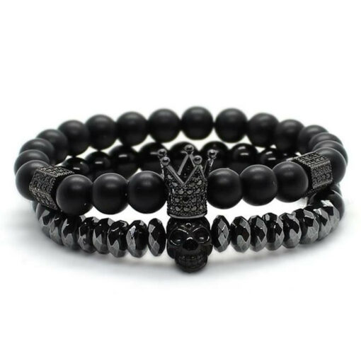Black Skull bracelet made of hematite and onyx (black agate) with a crown