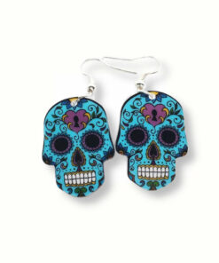 Sugar skull colorful earrings blue with a pink heart