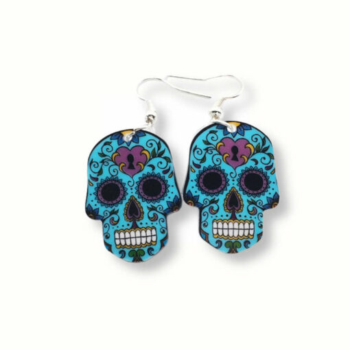 Sugar skull colorful earrings blue with a pink heart