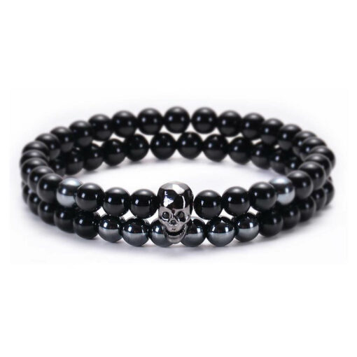 skull bracelet black agate (beads) with a shiny silver color skull