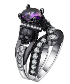Skull Ring Black Skull - Purple and White Stones