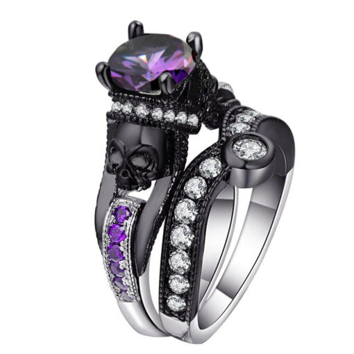 Skull Ring Black Skull - Purple Stones